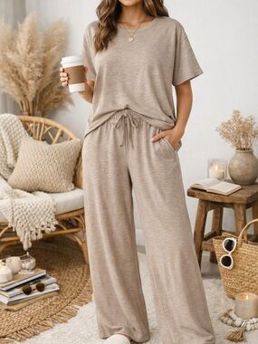 Zenana Taupe Lounge Set Size M Soft Knit Matching Set Cozy Wide Leg Pants